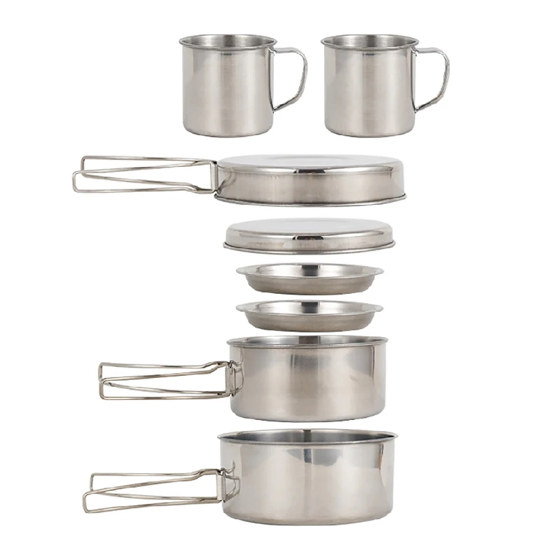 Camping Cooking Utensils Kit - 8 ชิ้น/เซ็ต ชุดเครื่องครัวสำหรับตั้งแคมป์ ชุดหม้อและกระทะสแตนเลส พร้อมจาน ถ้วย