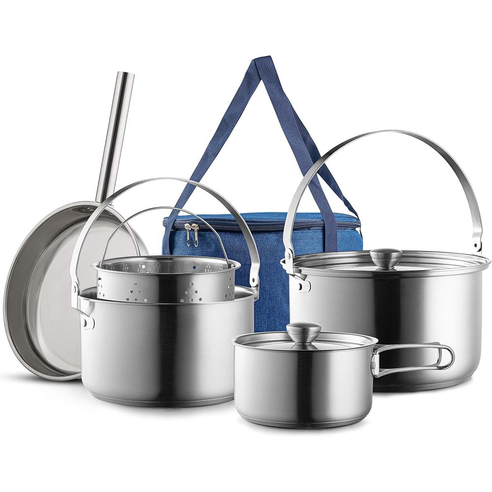 Camping Cooking Open Fire - ชุดเครื่องครัวสำหรับตั้งแคมป์ สแตนเลส 304 8 ชิ้น หม้อและกระทะ
