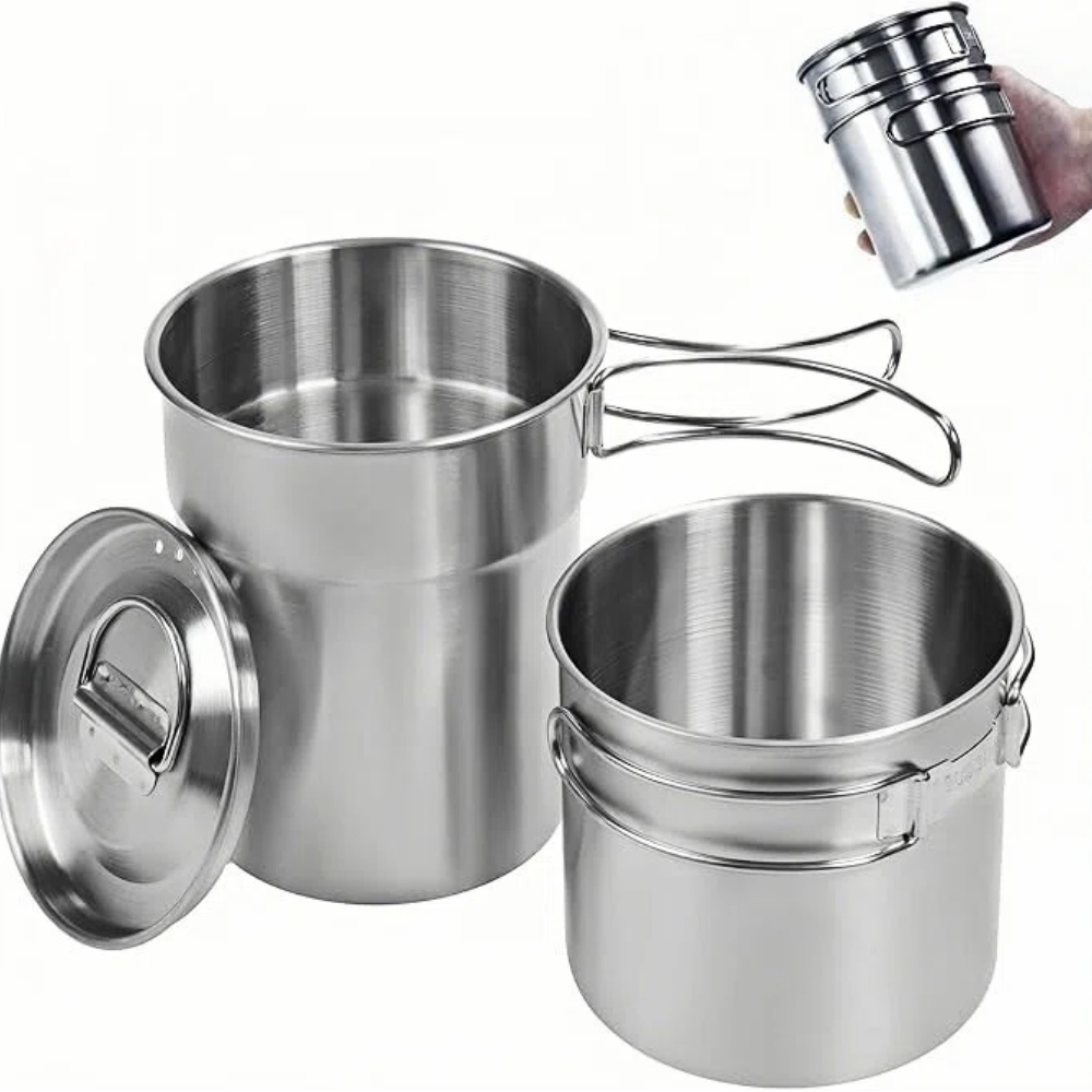 Camping Cooking Sets - แก้วพับได้สำหรับแคมป์ปิ้ง หม้อและอุปกรณ์ทำอาหารสำหรับแคมป์ปิ้ง เกรดอาหาร 304 ชุดทำอาหารกลางแจ้งพร้อมฝาแบบมีช่องระบายอากาศ ทำจากสแตนเลส