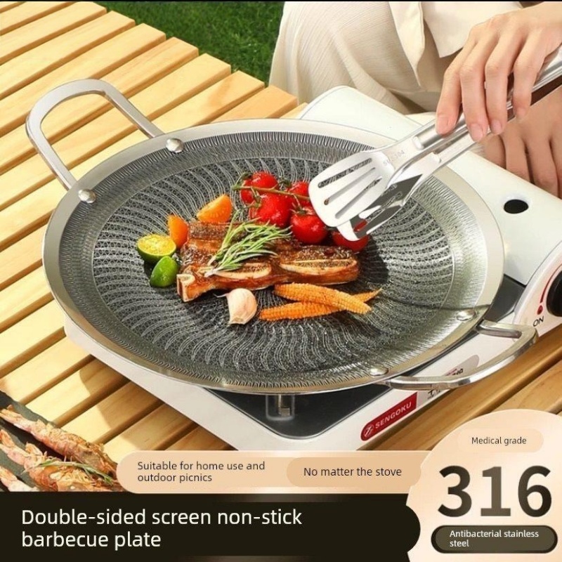 Camping Cooking With Gas - กระทะย่างบาร์บีคิวอเนกประสงค์สแตนเลส 316 สำหรับตั้งแคมป์ ครัวเรือน ใช้ได้กับเตาแม่เหล็กไฟฟ้าและเตาแก๊ส