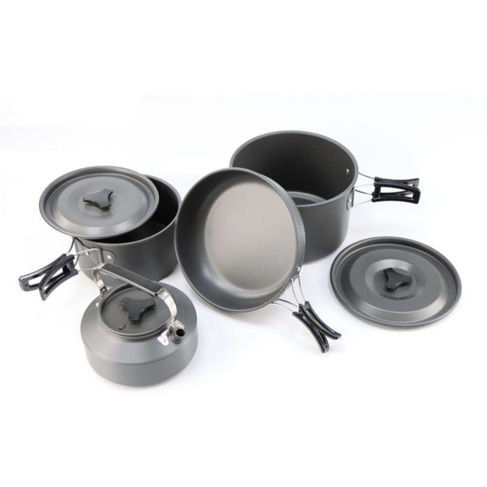 Camping Lightweight Cooking Pot - ชุดเครื่องครัวแคมป์ปิ้งอลูมิเนียมอัลลอยน้ำหนักเบาสำหรับกิจกรรมกลางแจ้ง ชุดหม้อขนาดใหญ่ 2-4 ใบ ซ้อนกันได้ พกพาสะดวก