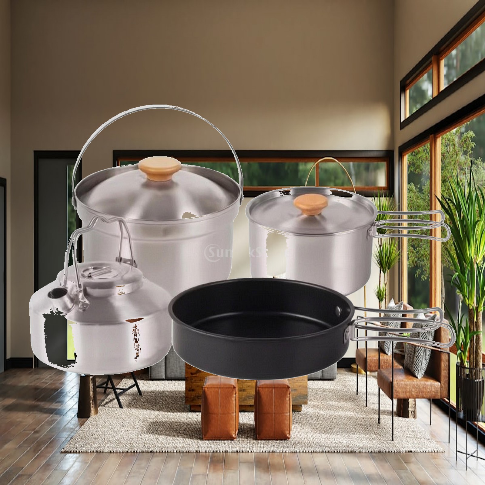 Camping Cooking Kettle - ชุดเครื่องครัวแคมป์ปิ้งสแตนเลส 4 ชิ้น พร้อมกาต้มน้ำ ชุดอุปกรณ์ทำอาหารแบบพับได้ พกพาสะดวกสำหรับนักตั้งแคมป์