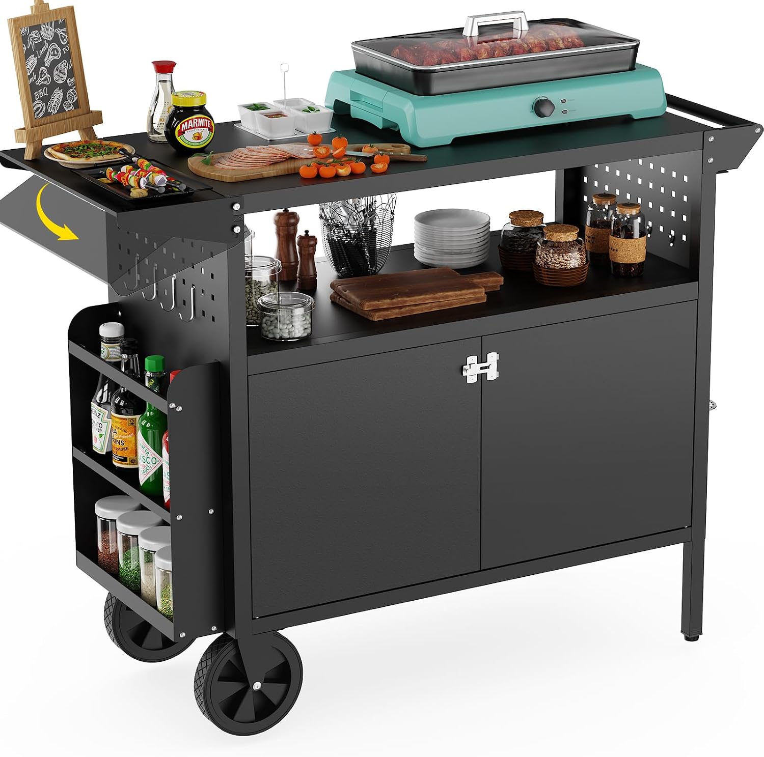 Camping Cooking Table Foldable - รถเข็นปิ้งย่างกลางแจ้งพร้อมโต๊ะเก็บของ ชุดครัวเคลื่อนที่พร้อมล้อ โต๊ะพับได้สำหรับเตรียมอาหารบาร์บีคิว หน้าโต๊ะเหล็กแข็งแรงทนทานสำหรับลานบ้านและแคมป์ปิ้ง
