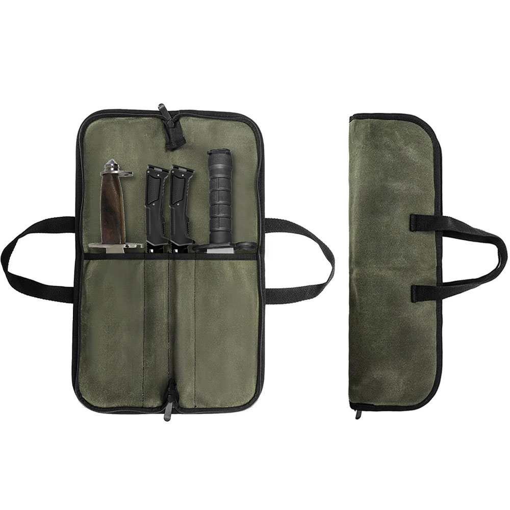 Camping Cooking Knife - กระเป๋าใส่มีดผ้าแคนวาสเคลือบแว็กซ์ หลายช่อง ใส่ได้หลายมีด พกพาสะดวก สำหรับเชฟ กระเป๋าเก็บมีดแบบยุทธวิธี