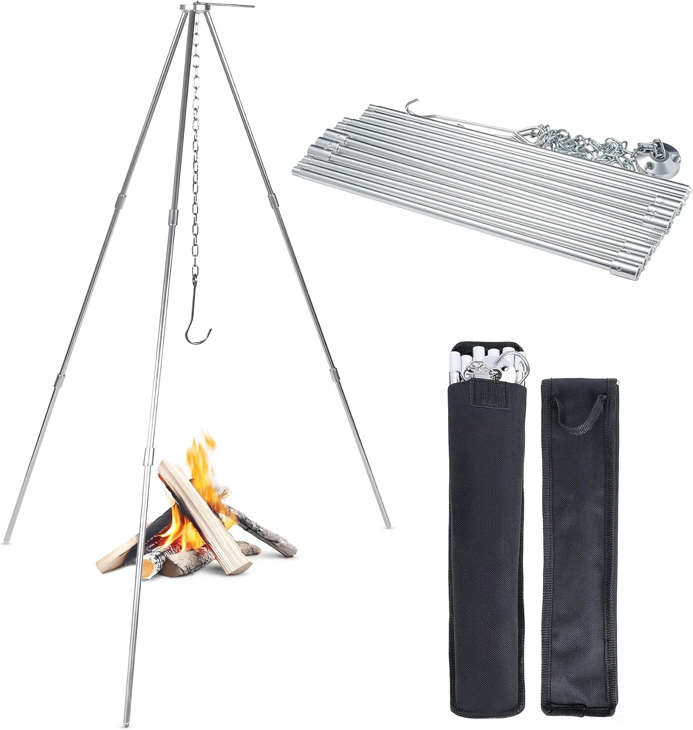 Camping Cooking Open Fire - ขาตั้งเตาแบบพับได้ขนาด 33 นิ้ว ทำจากสแตนเลส ใช้กับเตาไฟได้ พร้อมโซ่ปรับระดับได้