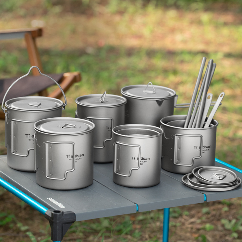 Camping Cooking Utensils Kit - Tiartisan ไทเทเนียมกลางแจ้งน้ําหนักเบาแบบพกพาชากาแฟถ้วยพับ Camping แก้วน้ําสําหรับเดินป่าการเดินทาง