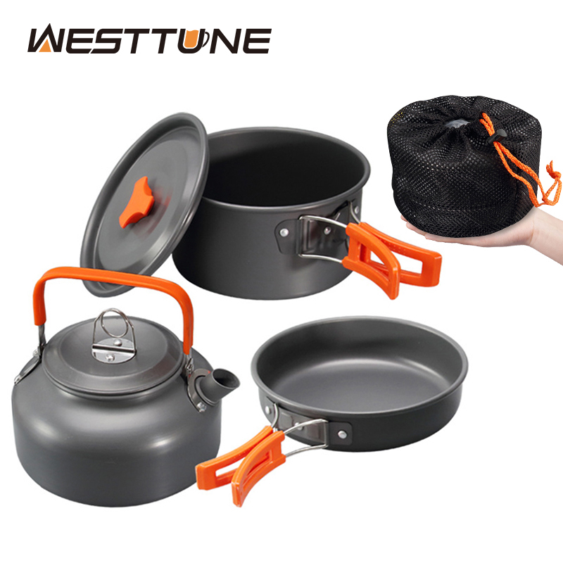 Camping Cooking Utensils Kit - WESTTUNE ชุดเครื่องครัวตั้งแคมป์อลูมิเนียมกลางแจ้งแบบพกพาชุดทําอาหารหม้อกาต้มน้ําสําหรับตั้งแคมป์บนโต๊ะอาหารเดินป่าปิคนิค 3 ชิ้น