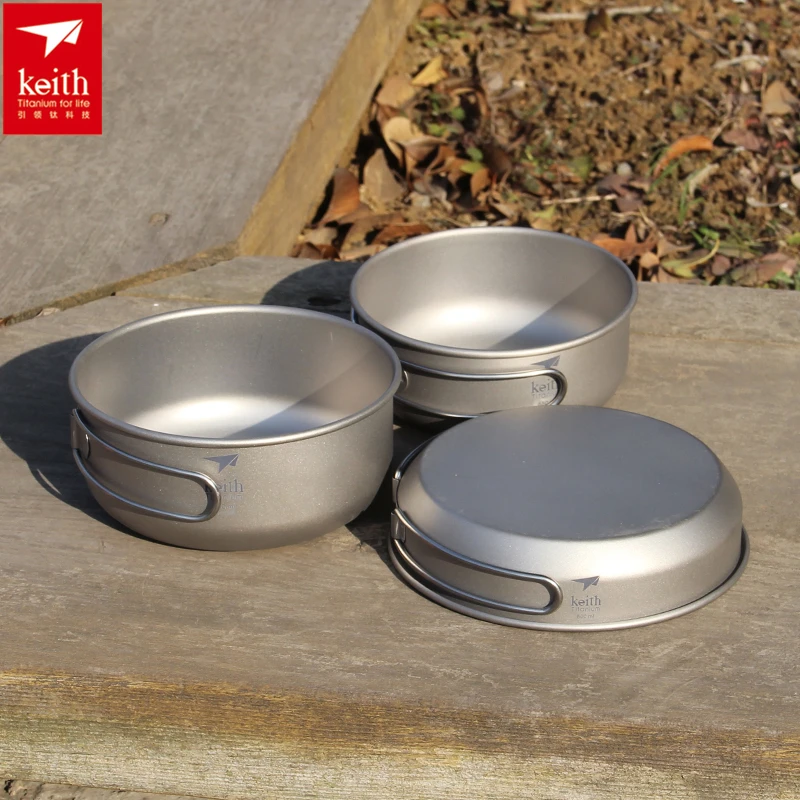 Camping Cooking Utensils Kit - Keith 3PCS ไทเทเนียมเครื่องครัวกระทะชามชุดพับ Cook ชุดเดินทางกลางแจ้งการล่าสัตว์ตั้งแคมป์ชุดทําอาหาร Ti6053
