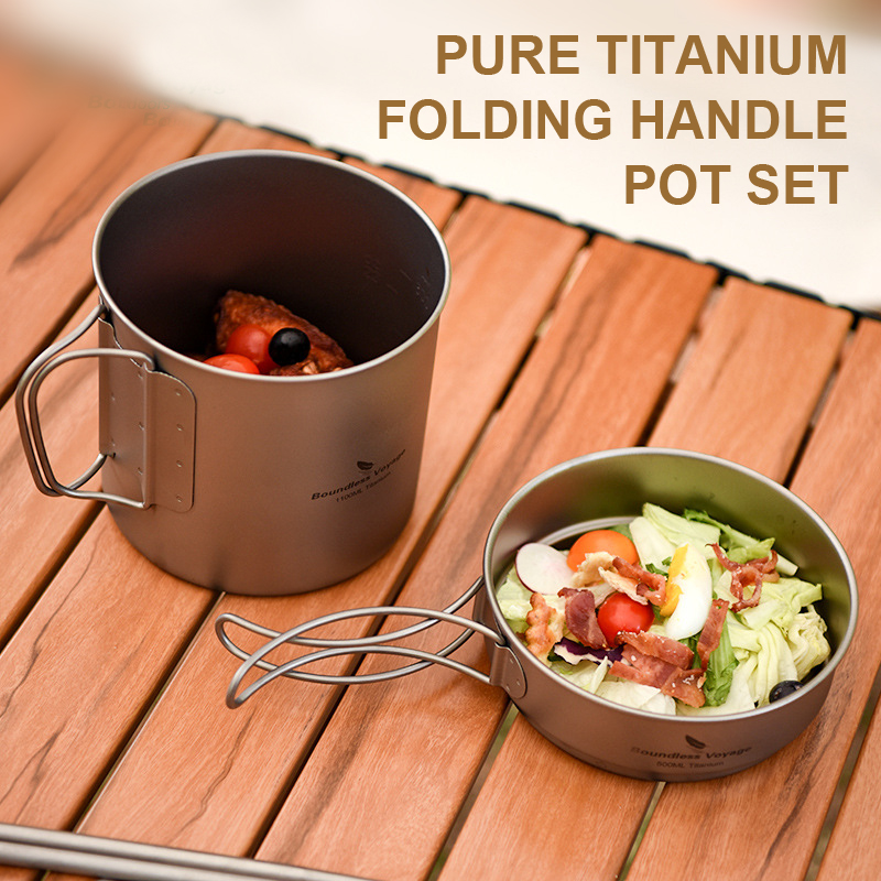 Camping Lightweight Cooking Pot - ชุดหม้อด้ามจับพับได้ไทเทเนียมบริสุทธิ์, แบบพกพาน้ำหนักเบาเป็นพิเศษ, แคมป์ปิ้งกลางแจ้ง, ปิกนิก, ท่องเที่ยว, กระทะ,