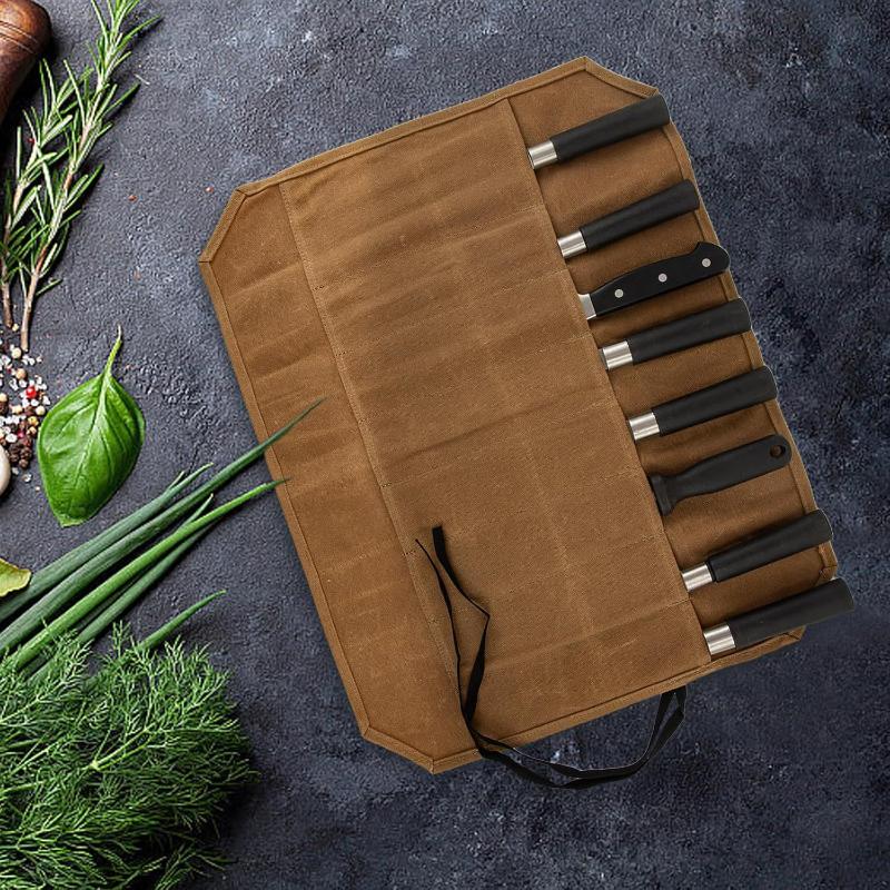 Camping Cooking Utensil Holder - กระเป๋าใส่มีดเชฟผ้าแคนวาสเคลือบแว็กซ์ มีช่องเก็บของหลายช่อง โครงสร้างทนทาน กระเป๋าใส่มีดพกพา ที่เก็บมีดในครัวแบบพกพา สำหรับการตั้งแคมป์กลางแจ้ง