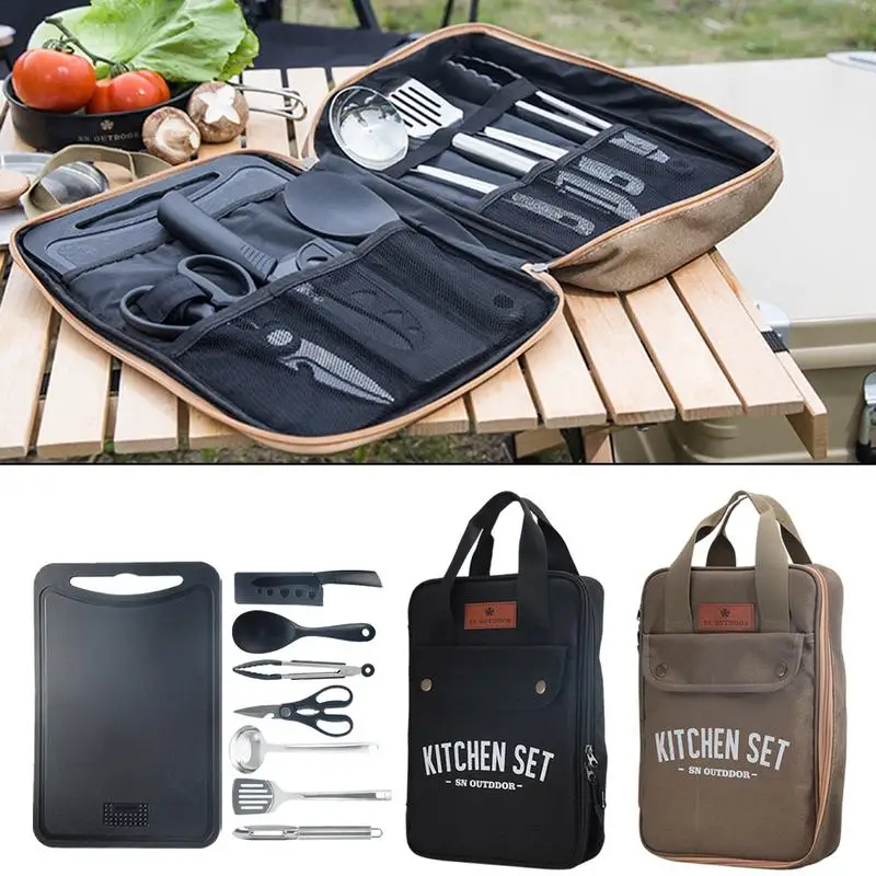 Camping Cooking Trangia - ชุดเครื่องครัวแคมป์ปิ้ง 8 ชิ้น ชุดอุปกรณ์ทำอาหารพกพาสำหรับเดินทางกลางแจ้ง ทำจากสแตนเลส สำหรับทำอาหารและปิ้งย่าง