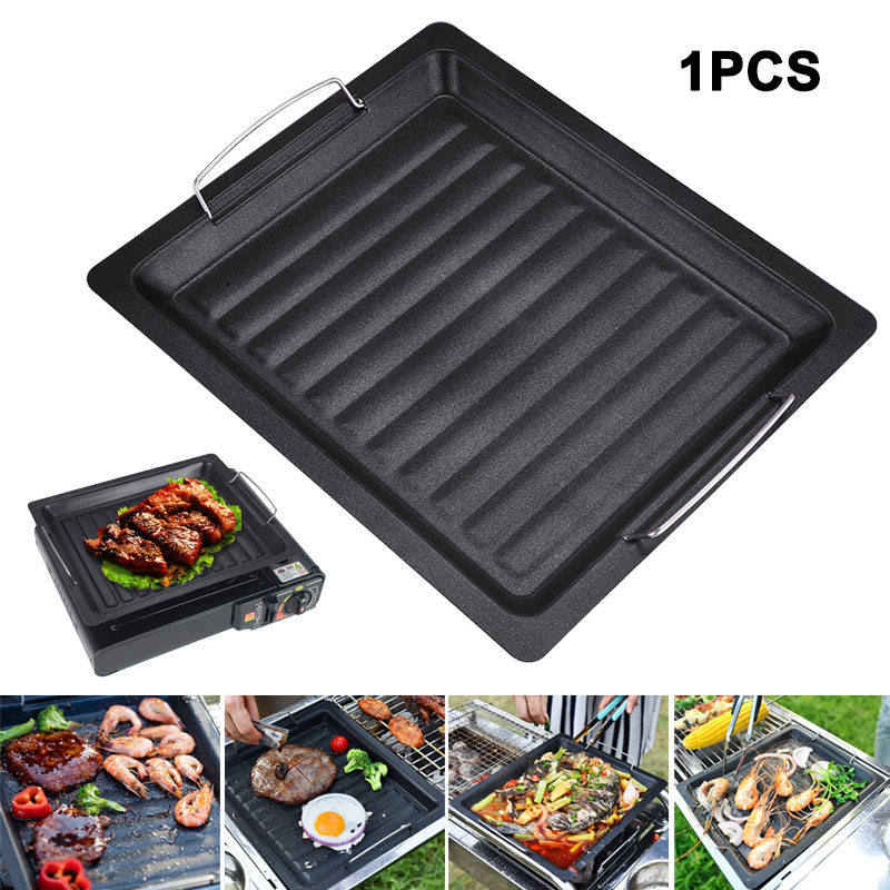 Camping Cooking Sets - กระทะย่างทรงสี่เหลี่ยมหนาสำหรับใช้งานกลางแจ้ง พร้อมหูจับสองข้าง กระทะย่างเคลือบกันติดแบบพกพา ถาดอบสำหรับทำบาร์บีคิว แคมป์ปิ้ง และทำอาหาร