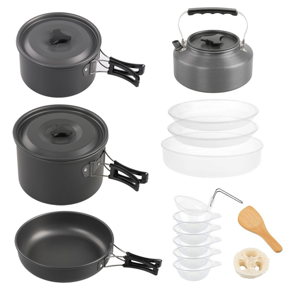 Camping Cooking Pot Large - ชุดทำอาหารกลางแจ้งขนาดใหญ่, ชุดหม้อแบบซ้อนสำหรับ 2-4 คน, ชุดกาน้ำชาสำหรับแคมป์ปิ้ง, ชุดหม้อสำหรับแคมป์ปิ้ง,