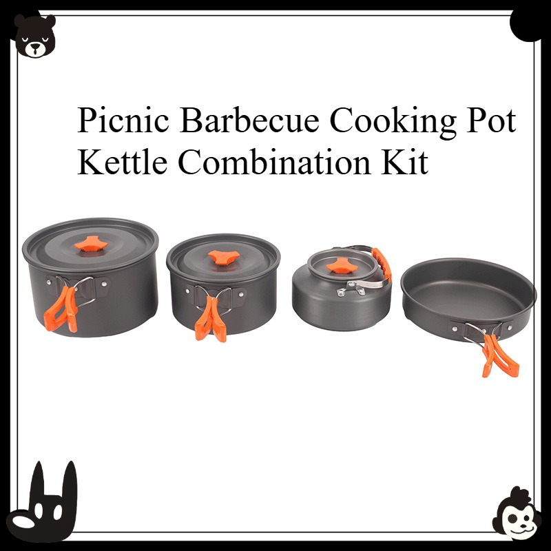 Camping Cooking Kettle - ชุดเครื่องครัวพกพาสำหรับกิจกรรมกลางแจ้ง 4 ชิ้น ชุดหม้อและกาต้มน้ำสำหรับตั้งแคมป์ ปิกนิก บาร์บีคิว