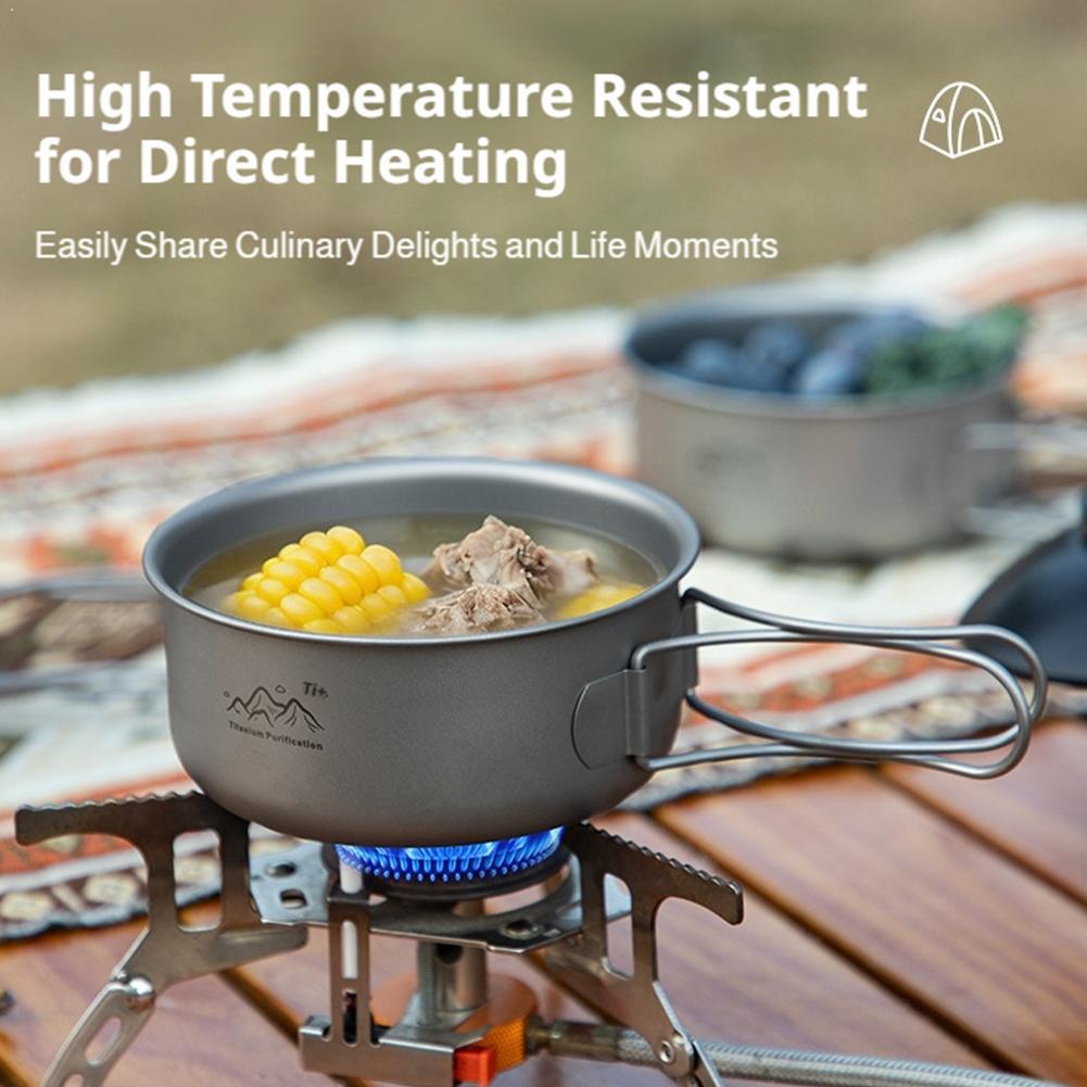 Camping Cooking Kettle - ชุดเครื่องครัวไทเทเนียมน้ำหนักเบาพิเศษสำหรับแบ็คแพ็ค หม้อพกพาสำหรับตั้งแคมป์พร้อมหูจับ สำหรับทำอาหารกลางแจ้งและเดินป่า
