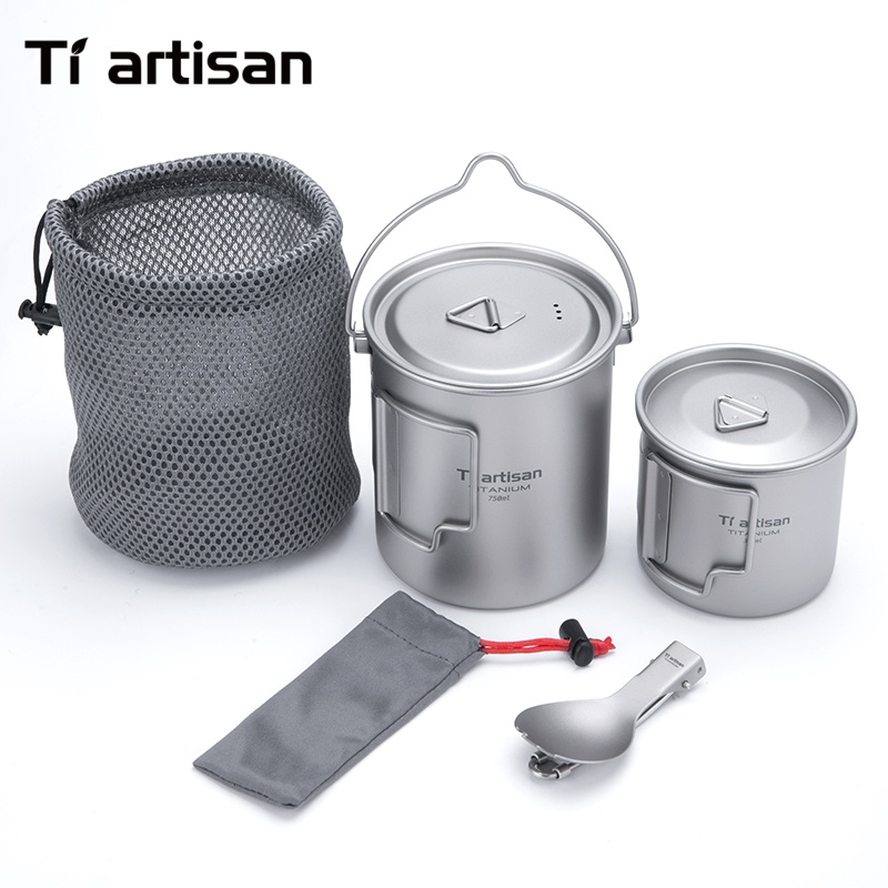 Camping Cooking Trangia - ชุดเครื่องครัวไทเทเนียมบริสุทธิ์ Tiartisan น้ำหนักเบาพิเศษ 3 ชิ้น/5 ชิ้น