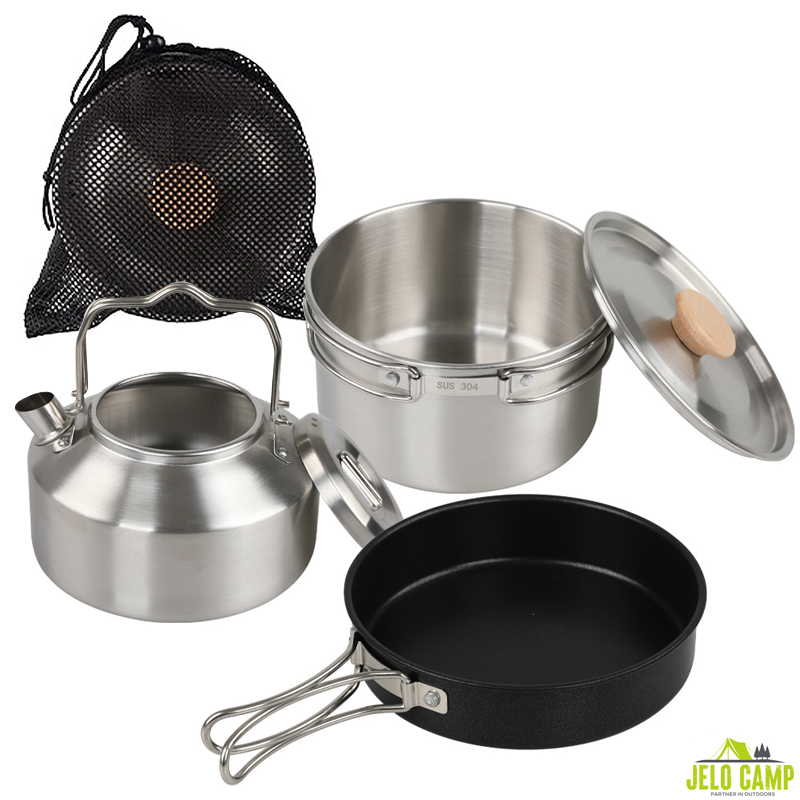 Camping Cooking Kettle - ชุดเครื่องครัวแคมป์ปิ้งสแตนเลสเกรด 304 คุณภาพสูง และกาต้มน้ำพกพาสำหรับเดินป่าเอาตัวรอดกลางแจ้ง ชุดหม้อหุงต้ม 3