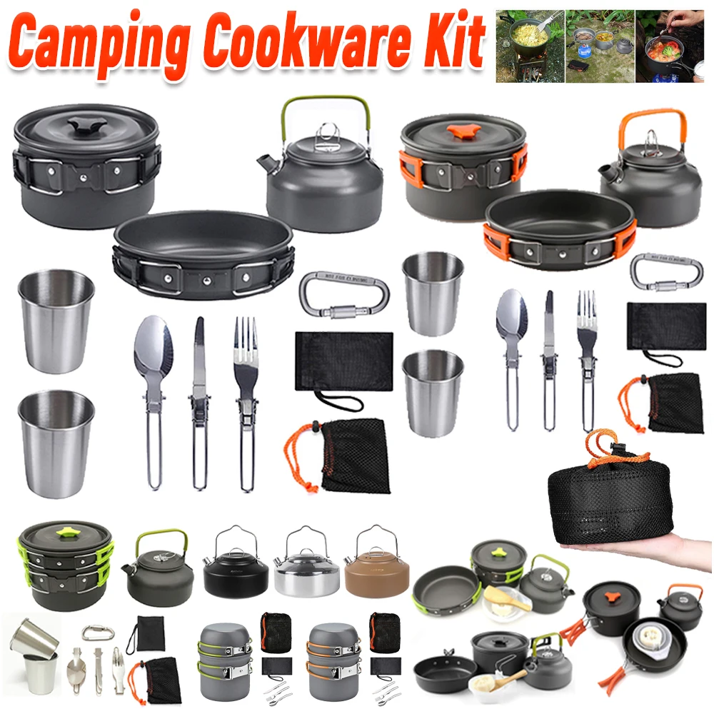 Camping Cooking Utensils Kit - ชุดเครื่องครัวสำหรับตั้งแคมป์ กาต้มน้ำ หม้อ กระทะ ชุดเครื่องครัวแบบพกพา น้ำหนักเบา
