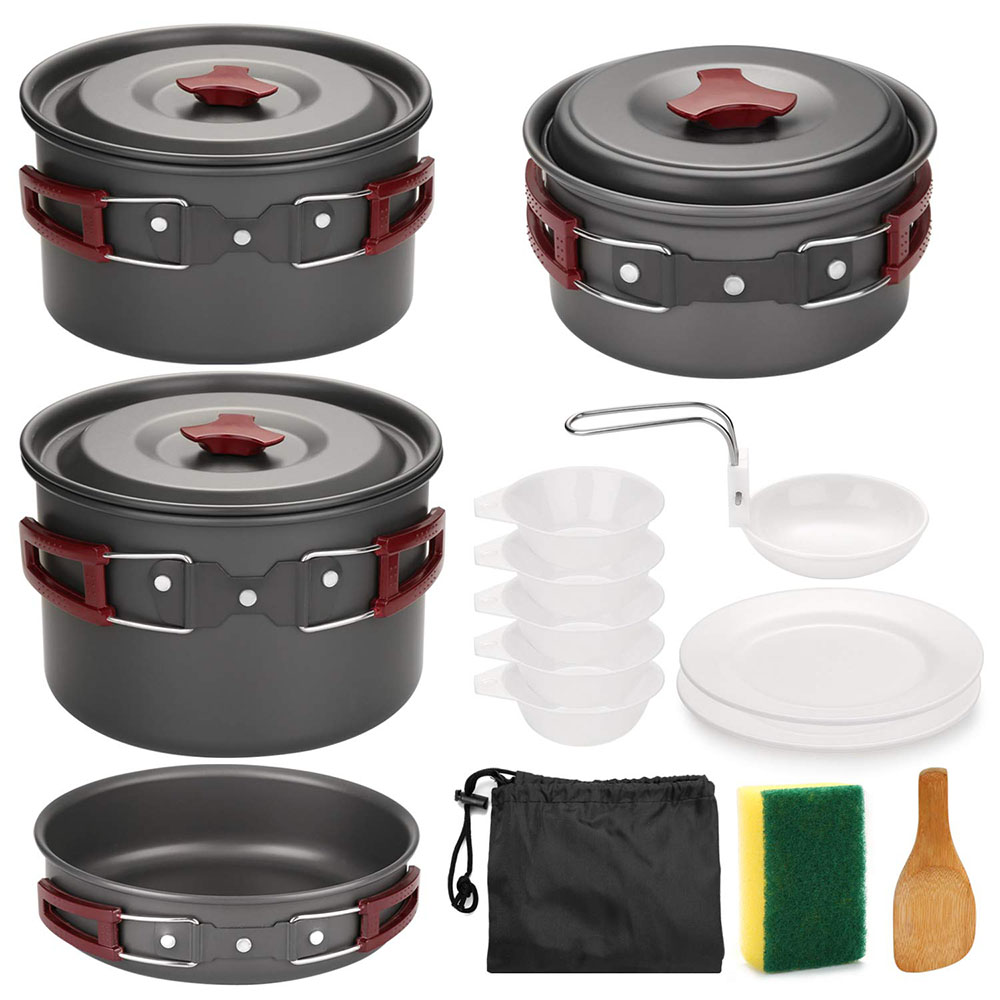 Camping Lightweight Cooking Pot - ชุดเครื่องครัวตั้งแคมป์กลางแจ้ง Non Stick Camping Pan กระทะน้ําหนักเบาชุดทําอาหารกระทะและหม้อสําหรับเดินป่าเดินป่าปิคนิค