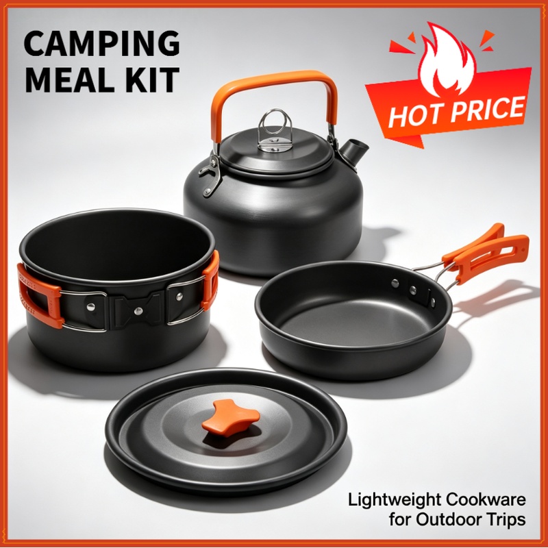 Camping Cooking Rack - ชุดอุปกรณ์ทำอาหารสำหรับตั้งแคมป์ ชุดเครื่องครัวสำหรับเดินทาง ชุดอุปกรณ์ปิกนิกกลางแจ้ง กาต้มน้ำสำหรับ 2-3 คน